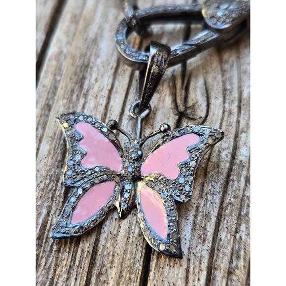 Pink Puka Shell Pave Diamond Sterling Silver Enamel Butterfly Pendant Necklace - Picture 2 of 9